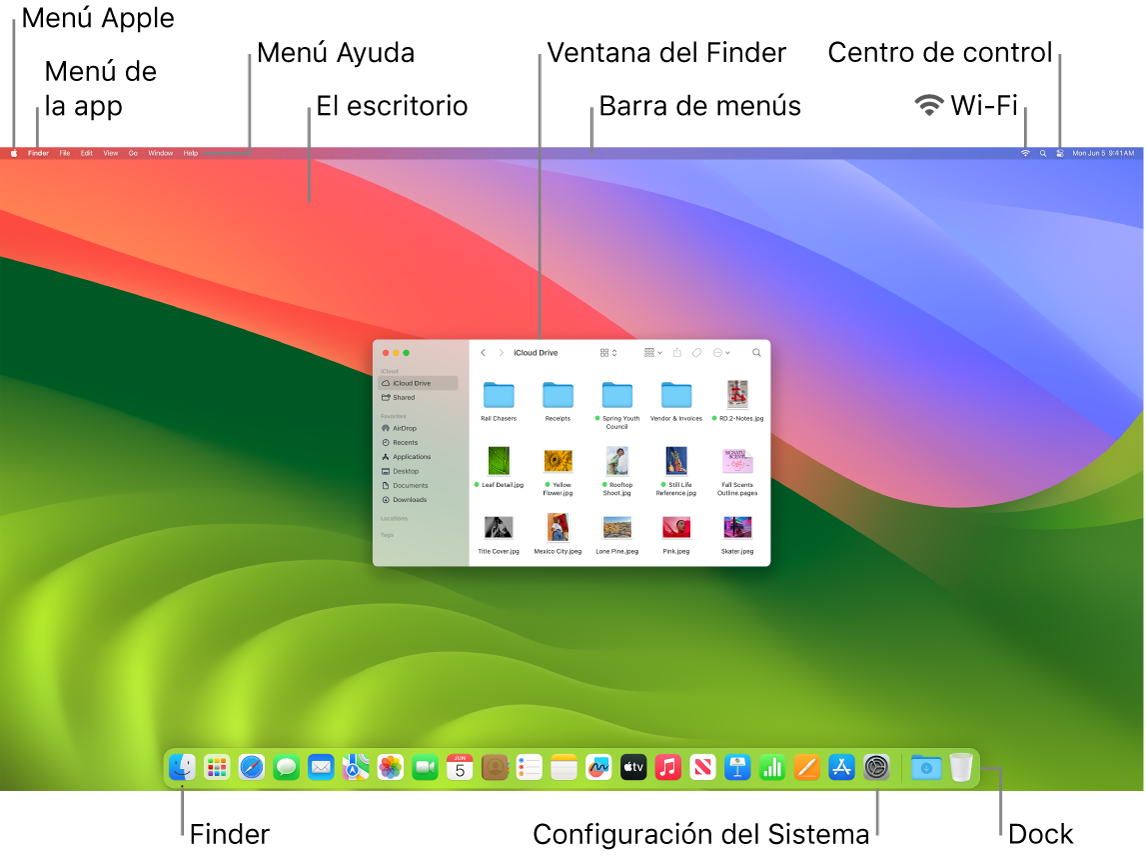 Pantalla de una Mac mostrando el menú Apple, el menú de la app, el menú de Ayuda, el escritorio, la barra de menús, una ventana del Finder el ícono de Wi-Fi, el ícono del centro de control, el ícono del Finder, el ícono de Configuración del Sistema y el Dock.