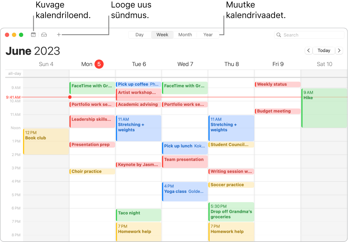 Rakenduse Calendar aknas kuvatakse kalendriloendit ning näidatakse kuidas luua sündmust ja valida vaade Day, Week, Month või Year.