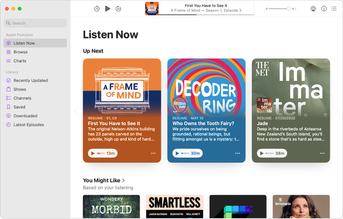 Rakenduse Podcasts aknas kuvatakse vasakul veergu, mille ülaosas on otsinguväli ning selle all vaatamisvalikud. Valitud on Browse ning valitud podcaste kuvatakse paremal.