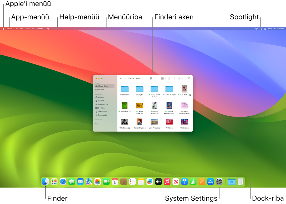 Maci ekraanil kuvatakse Apple-menüüd, App-menüüd, Help-menüüd, menüüriba, Finderi akent, Spotlighti ikooni, Finderi ikooni, System Settingsi ikooni ja Docki.