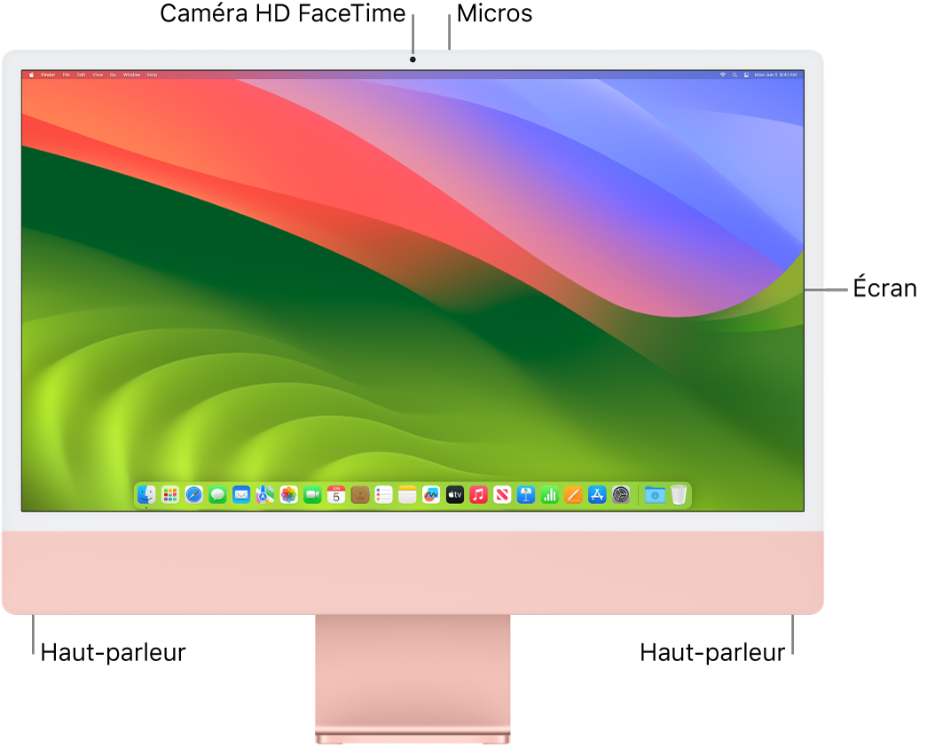Vue frontale de l’iMac avec l’écran, la caméra, les microphones et les haut-parleurs.