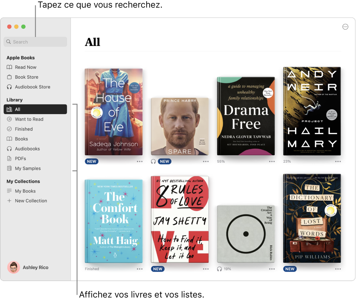 Une fenêtre de l’app Livres montrant comment afficher des livres, parcourir les éléments filtrés et effectuer des recherches.
