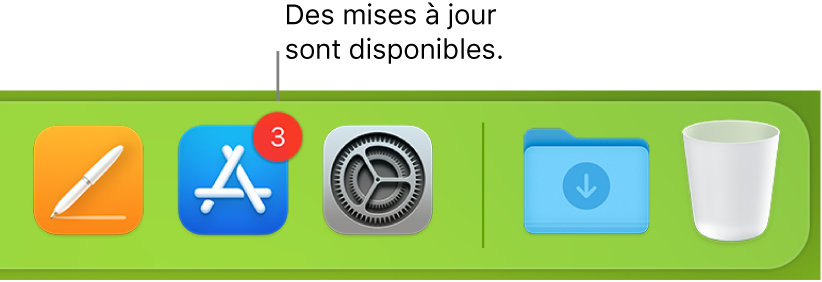 Section du Dock affichant l’icône de l’App Store avec une pastille, ce qui indique que des mises à jour sont disponibles.