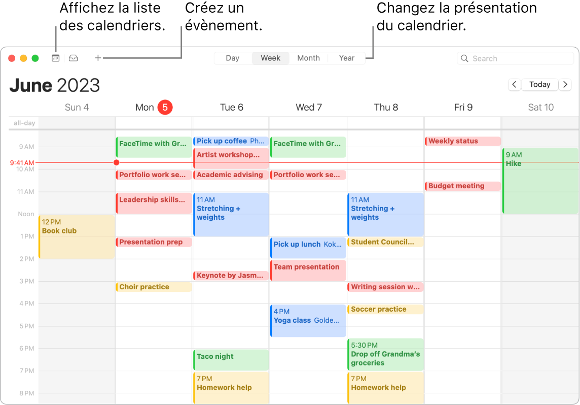 Une fenêtre de Calendrier affichant la liste des calendriers et indiquant comment créer un évènement et choisir une présentation par jour, par semaine, par mois ou par année.