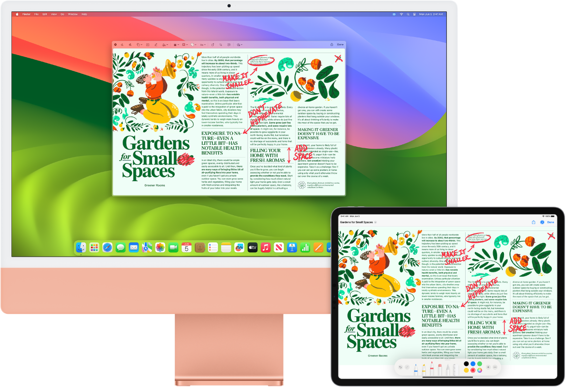 Un iMac et un iPad côte à côte. Les deux écrans affichent un article couvert de modifications griffonnées en rouge, telles que des phrases barrées, des flèches et des mots ajoutés. L’iPad montre également des commandes d’annotation au bas de l’écran.