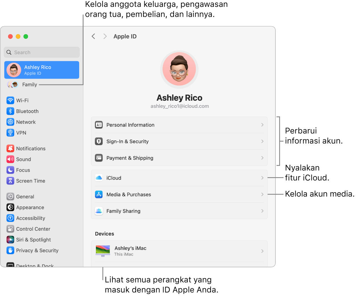 Pengaturan ID Apple di Pengaturan Sistem dengan keterangan untuk memperbarui informasi akun, menyalakan atau mematikan fitur iCloud, mengelola akun media, dan Keluarga, tempat Anda dapat mengelola anggota keluarga, pengawasan orang tua, pembelian, dan lainnya.