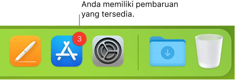 Bagian di Dock menampilkan ikon App Store dengan lencana, menunjukkan bahwa pembaruan tersedia.