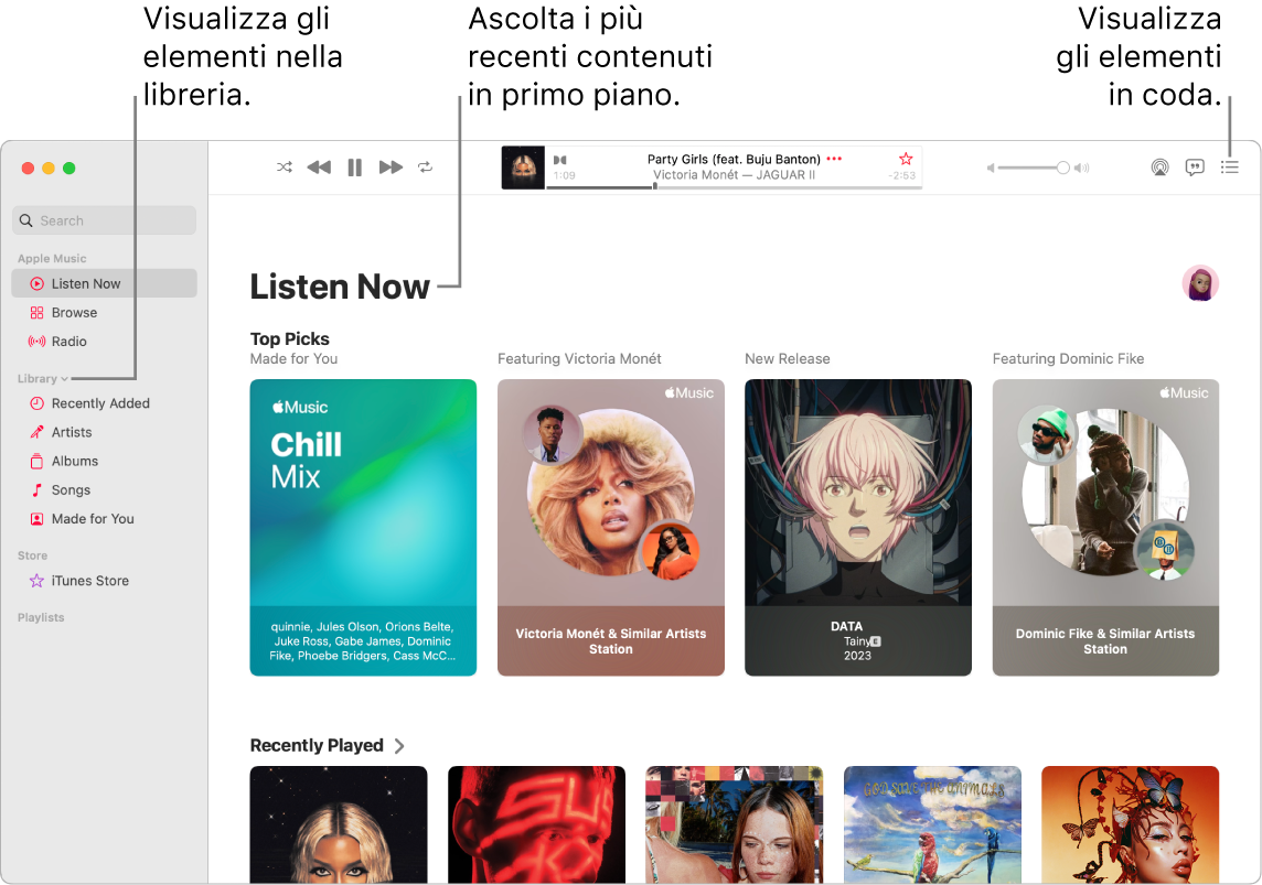 Una finestra dell’app Musica che mostra come visualizzare la libreria, ascoltare Apple Music e visualizzare i brani in coda.