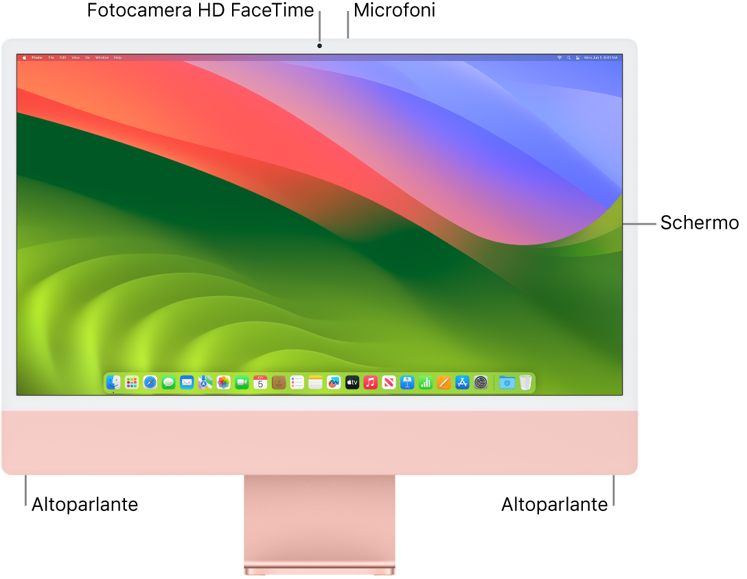 Vista frontale di iMac che mostra il monitor, la fotocamera, i microfoni e gli altoparlanti.