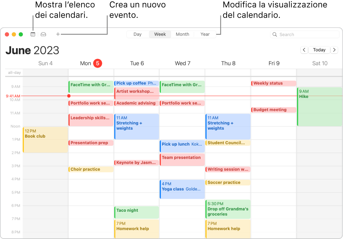 Una finestra di Calendario che mostra l’elenco dei calendari, come creare un evento e come scegliere la vista Giorno, Settimana, Mese o Anno.