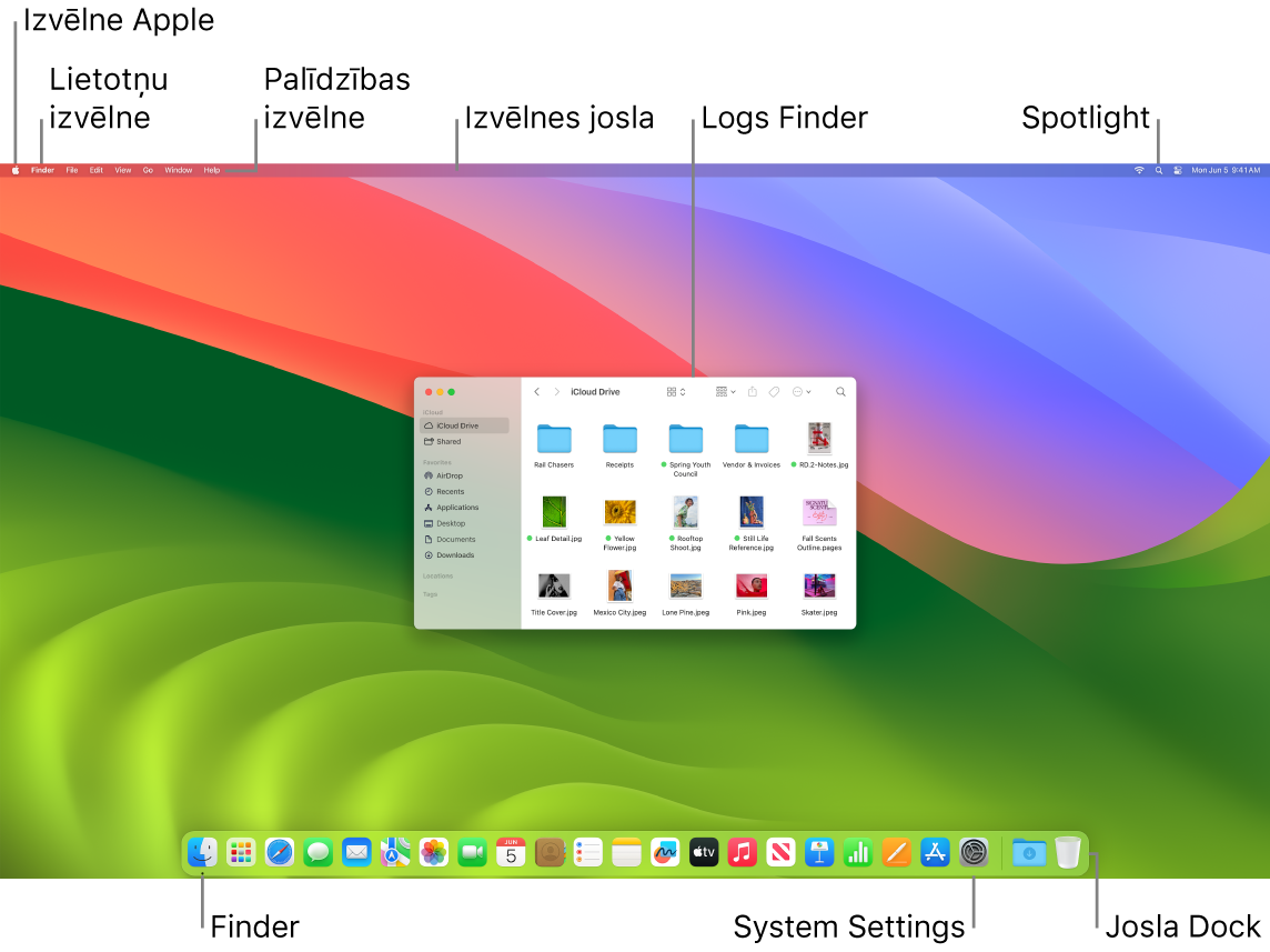 Mac datora ekrānā redzama Apple izvēlne, izvēlne App, izvēlne Help, Izvēlnes josla, logs Finder, ikona Spotlight, ikona Finder, ikona System Settings un josla Dock.