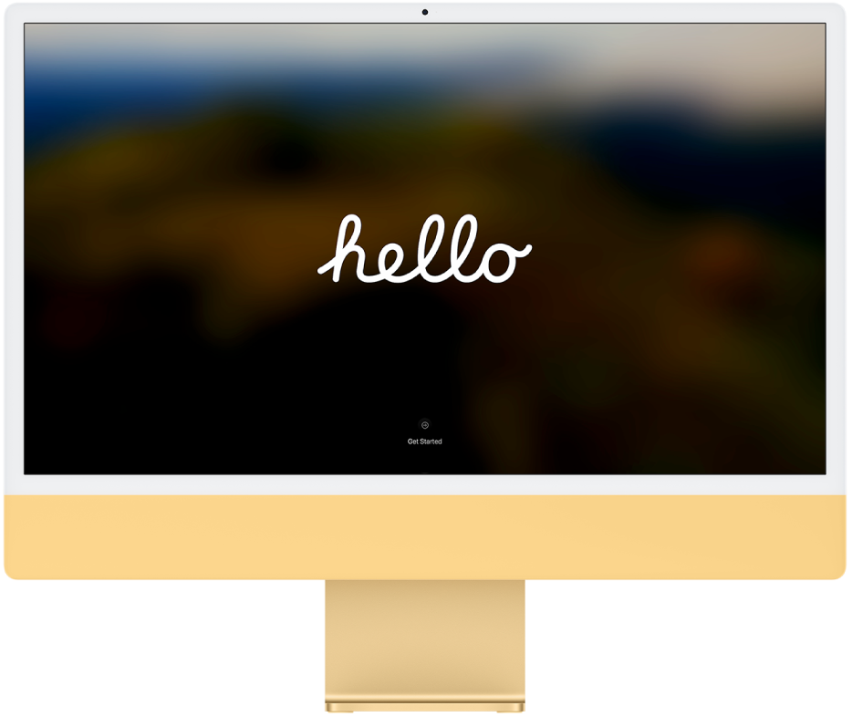 Atvērts iMac dators, kura ekrānā redzams vārds “hello”.