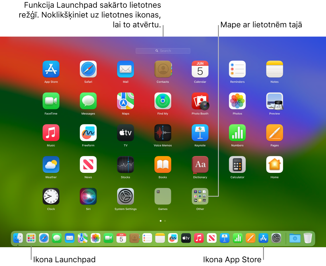 Mac datora ekrāns ar atvērtu funkciju Launchpad; redzama lietotņu mape lietotnē Launchpad, kā arī funkcijas Launchpad un pakalpojuma App Store ikonas joslā Dock.