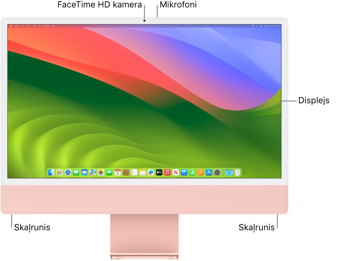 Skats uz iMac datoru no priekšpuses; redzams displejs, kamera, mikrofoni un skaļruņi.