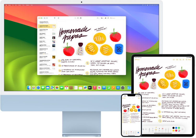 Een recept in de Notities-app op een iMac, iPhone en iPad.