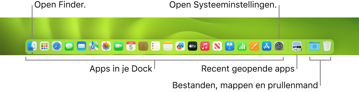 Het Dock, met daarin de Finder, Systeeminstellingen en de lijn in het Dock die apps van bestanden en mappen scheidt.