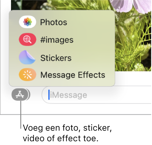 Het Apps-menu met opties voor het tonen van foto's, stickers, GIF's en berichteffecten.