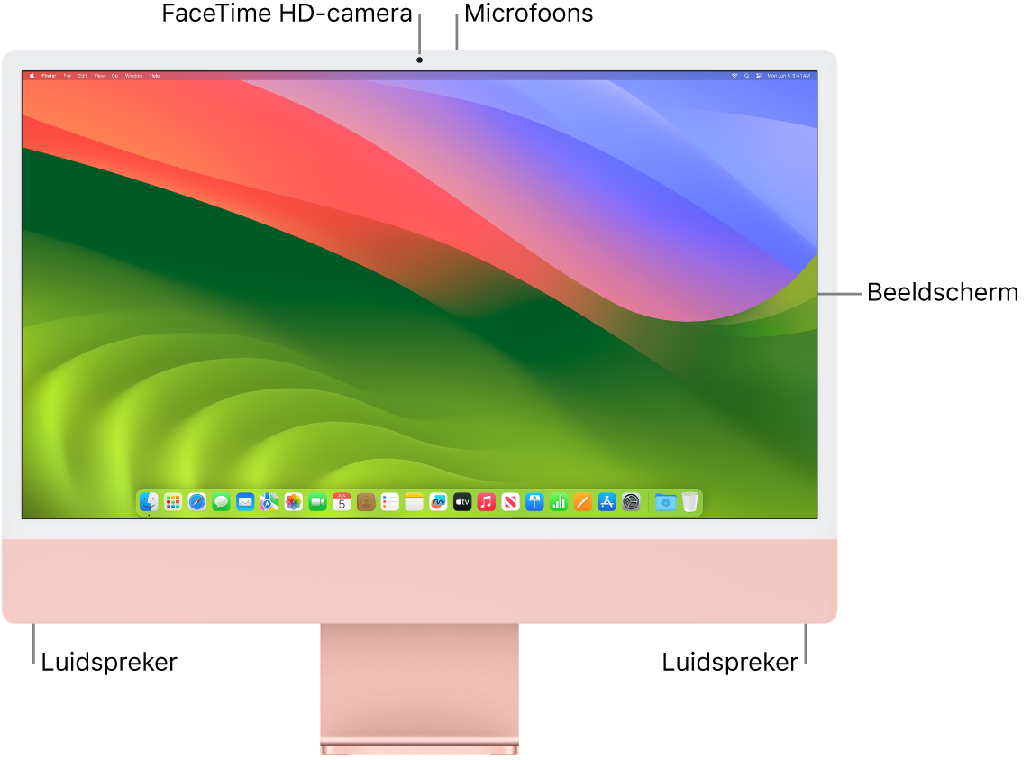 Vooraanzicht van een iMac met het beeldscherm, de camera, de microfoons en de luidsprekers.
