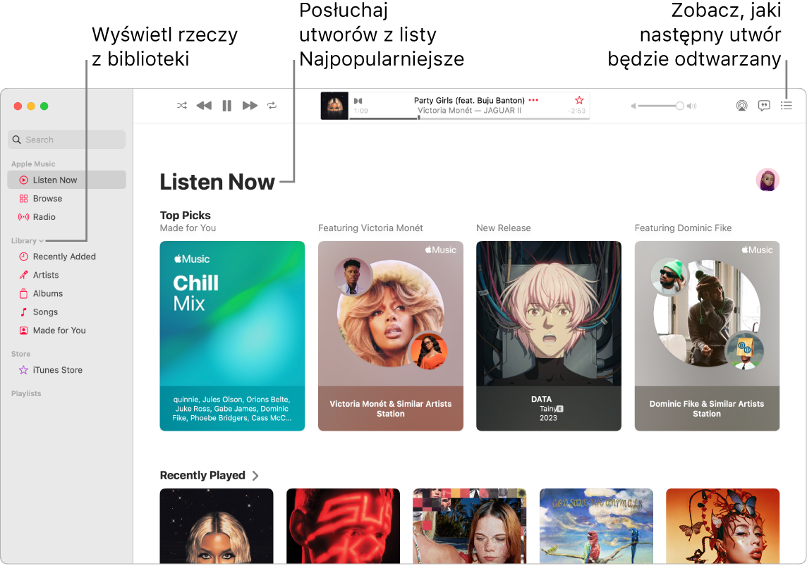 Okno aplikacji Muzyka pokazujące sposób wyświetlania biblioteki, słuchania Apple Music oraz wyświetlania utworów odtwarzanych w następnej kolejności.