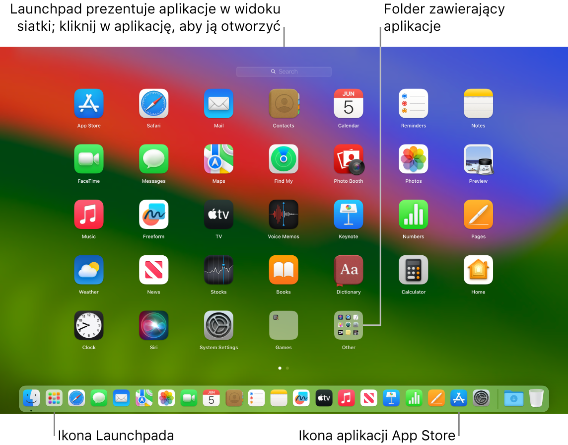 Ekran Maca z otwartym Launchpadem; folder aplikacji w Launchpadzie jest wyróżniony, a w Docku wyróżnione są również ikony Launchpada i App Store.