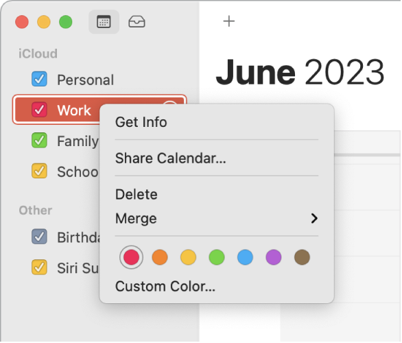 Menu de atalho do Calendário, com opções de cores para personalizar a cor de um calendário.