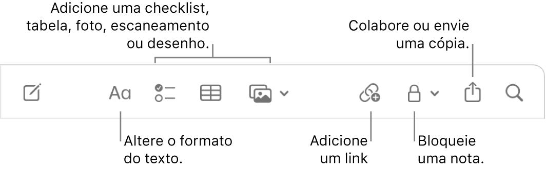 Barra de ferramentas do app Notas com chamadas para as ferramentas de formato do texto, checklist, tabela, link, fotos/mídia, bloqueio, compartilhamento e envio de cópia.