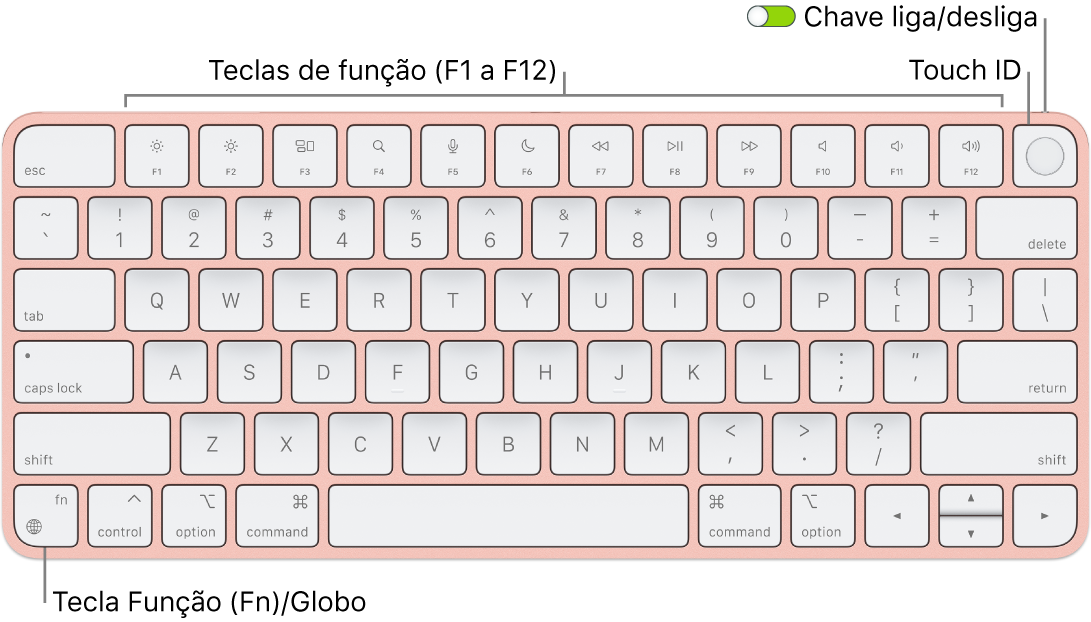 O Magic Keyboard com Touch ID mostrando a linha de teclas de função e o Touch ID ao longo da parte superior e a tecla Função (Fn)/Globo no canto inferior esquerdo.