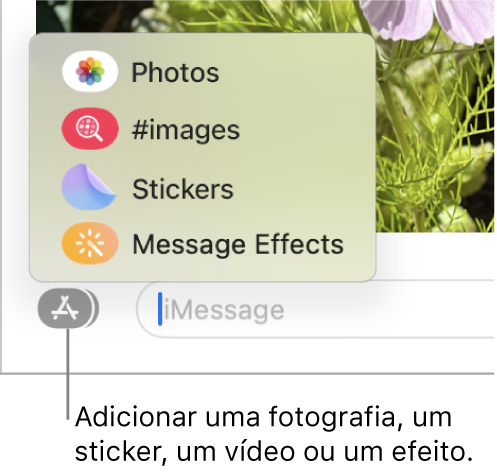 O menu Aplicações com opções para mostrar fotografias, stickers, GIF e efeitos de mensagens.