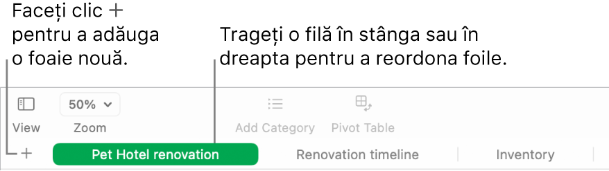 O fereastră Numbers afișând modul în care să adăugați o foaie nouă și cum să reordonați foile.