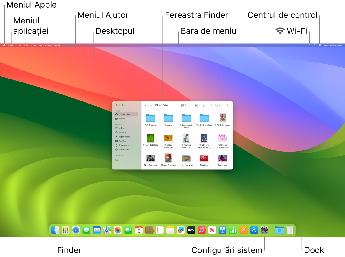 Ecran de Mac cu meniul Apple, meniul aplicației, meniul Ajutor, desktopul, bara de meniu, o fereastră Finder, pictograma Wi-Fi, pictograma Centru de control, pictograma Finder, pictograma Configurări sistem și Dock-ul.