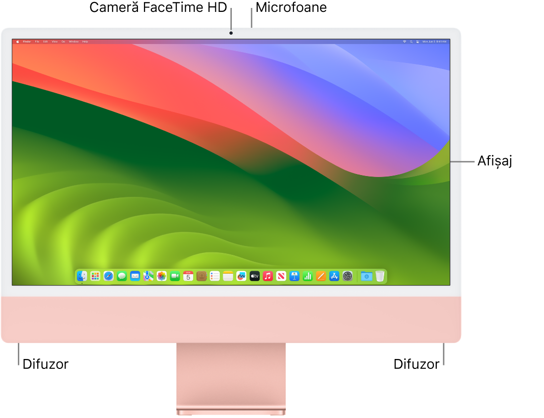 Vizualizare a părții din față a iMac‑ului, prezentând afișajul, camera, microfoanele și difuzoarele.