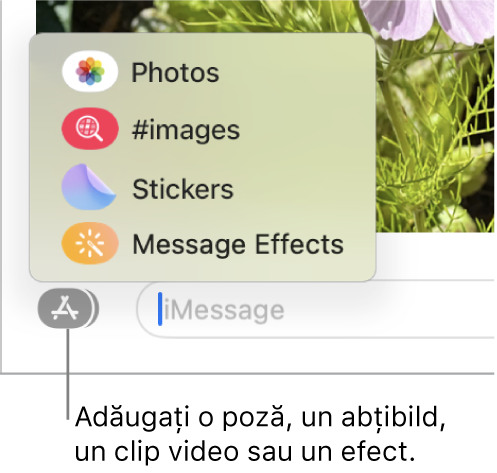 Meniul Aplicații cu opțiuni pentru afișarea pozelor, abțibilduri, GIF‑uri și efecte pentru mesaje.