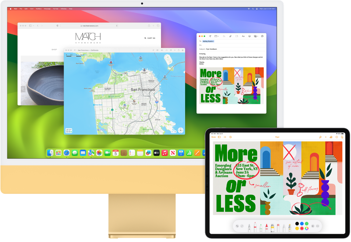 iMac и iPad показаны рядом. На экране iPad показана листовка с пометками. На экране iMac показано сообщение в Почте, в которое вложена размеченная листовка с iPad.