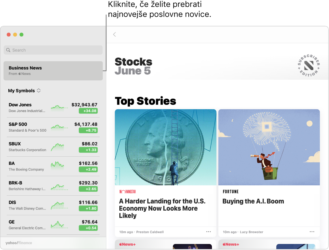 Nadzorna plošča aplikacije Stocks, ki prikazuje tržne cene na seznamu delnic, ki jih spremljate, s članki rubrike Top Stories.