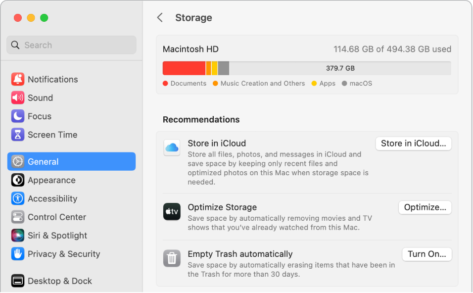 Nastavitve priporočil za hrambo prikazujejo možnosti Store in iCloud, Optimize Storage in Empty Trash Automatically.