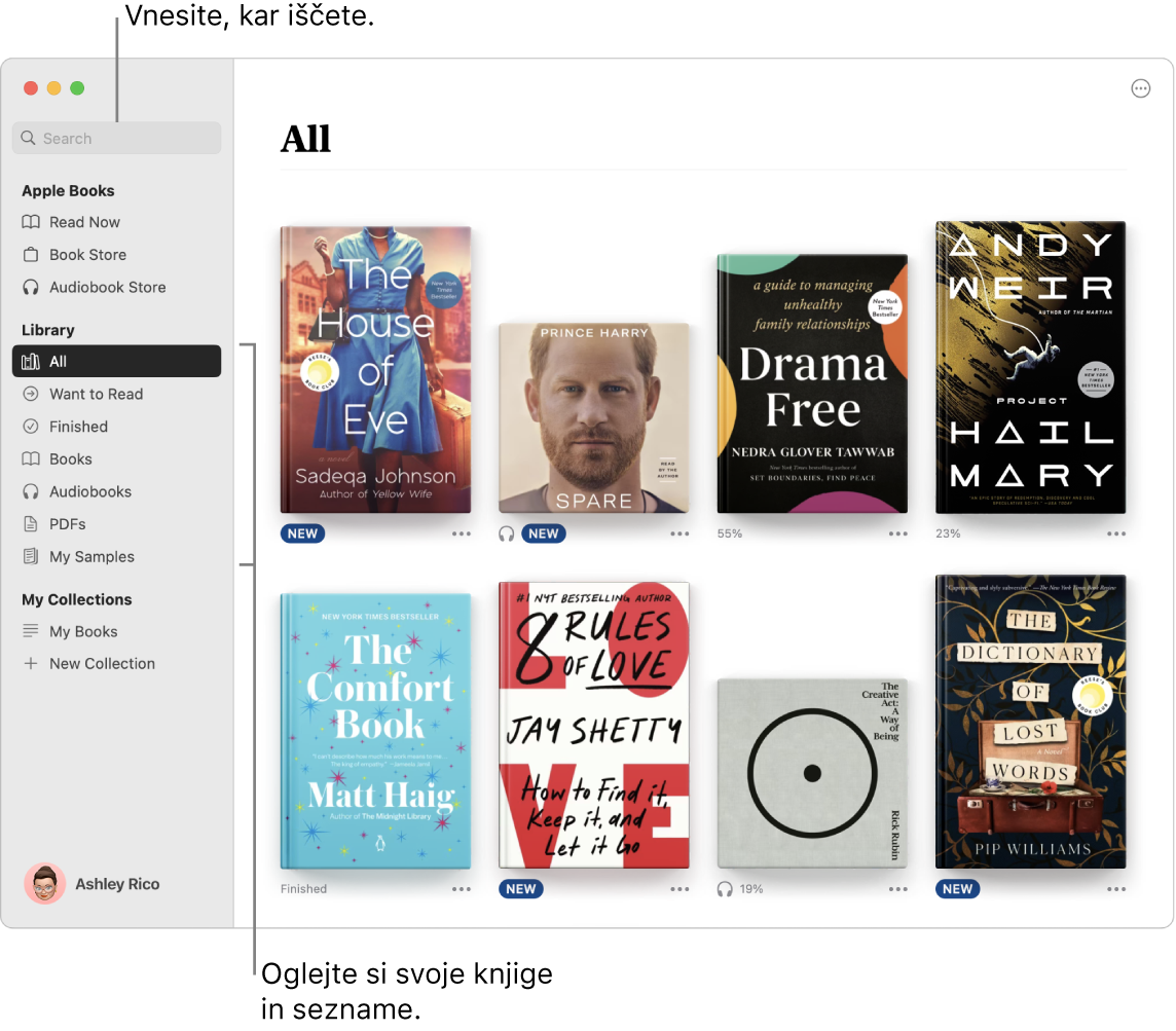 V oknu aplikacije Books je prikazano, kako si lahko ogledate knjige, brskate po urejenih vsebinah in iščete.