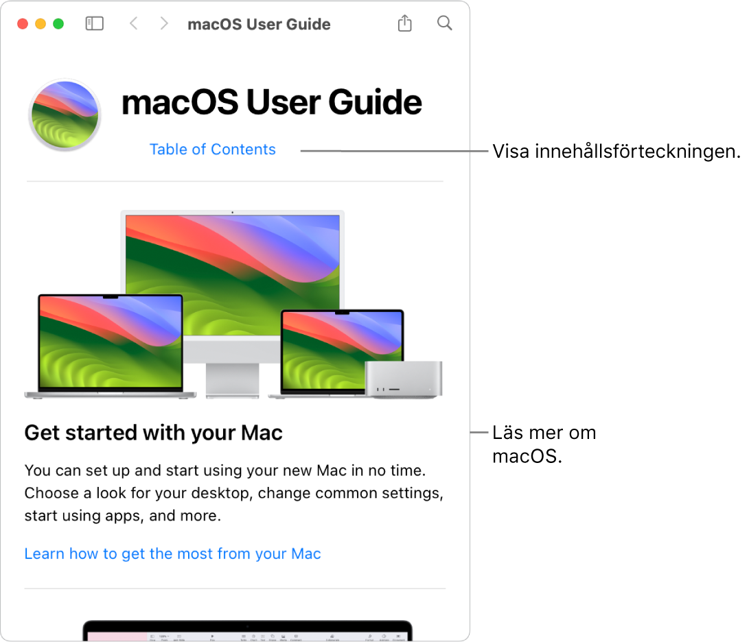 Startsidan i macOS Användarhandbok som innehåller länken till innehållsförteckningen.