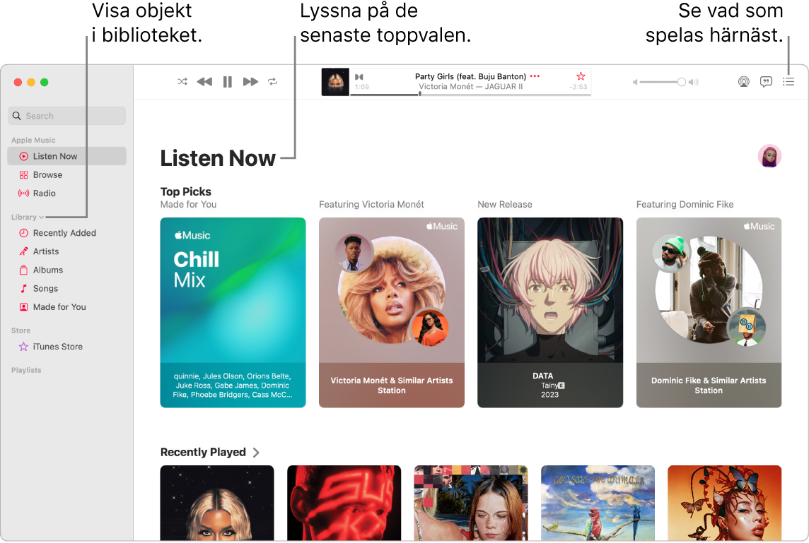 Ett fönster i appen Musik som visar hur du kommer åt ditt bibliotek, lyssnar på Apple Music och ser nästa låt.