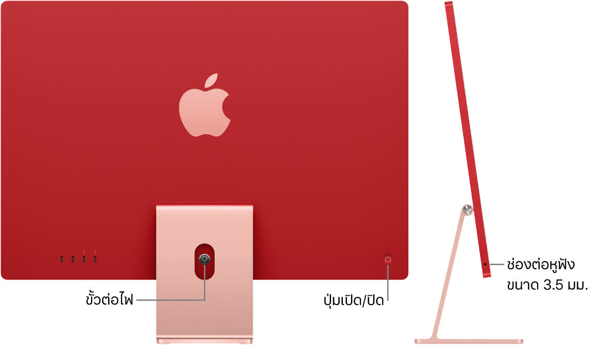 มุมมองด้านหลังของ iMac ที่แสดงขั้วต่อไฟและปุ่มเปิด/ปิด ถัดจากนั้นคือมุมมองด้านข้างที่แสดงช่องต่อหูฟัง