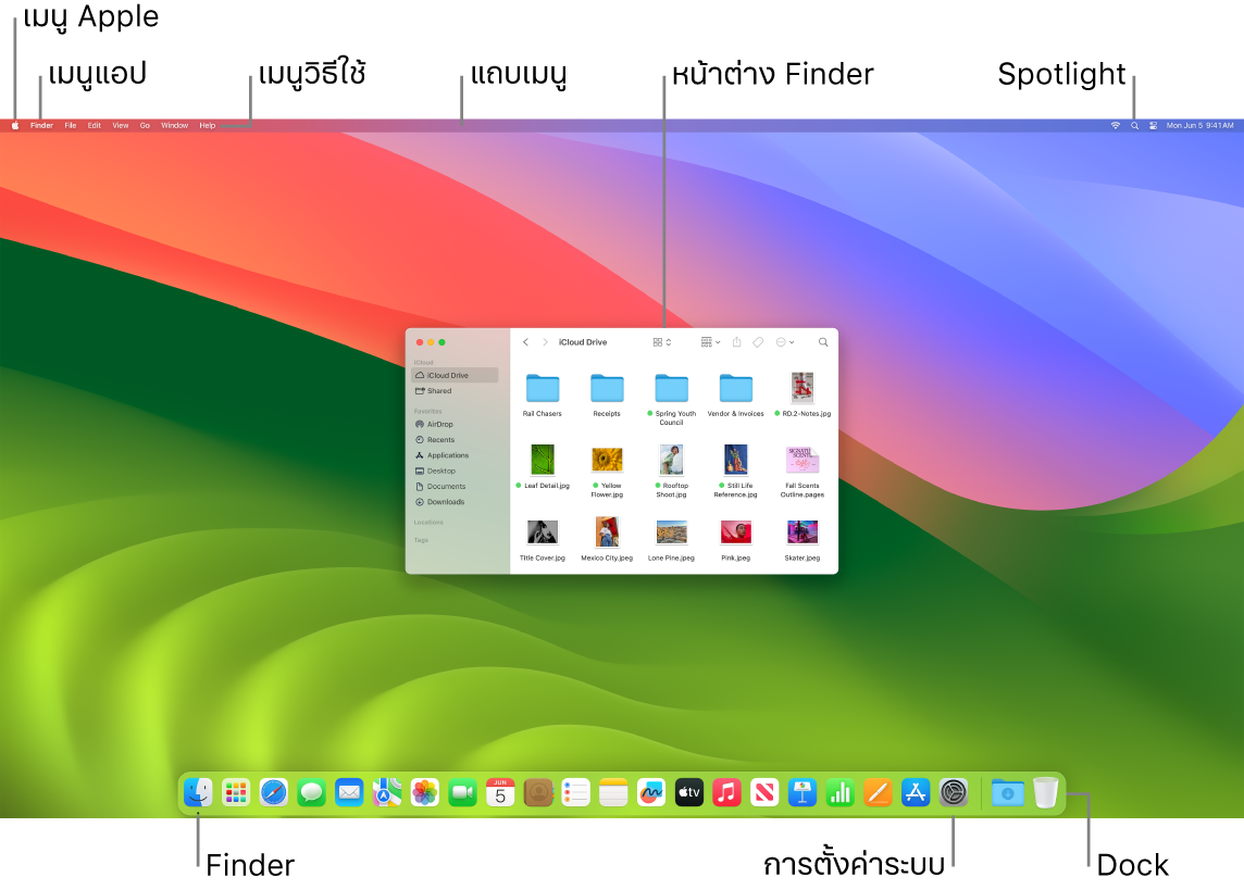 หน้าจอ Mac ที่แสดงเมนู Apple, เมนูแอป, เมนูวิธีใช้, แถบเมนู, หน้าต่าง Finder, ไอคอน Spotlight, ไอคอน Finder, ไอคอนการตั้งค่าระบบ และ Dock
