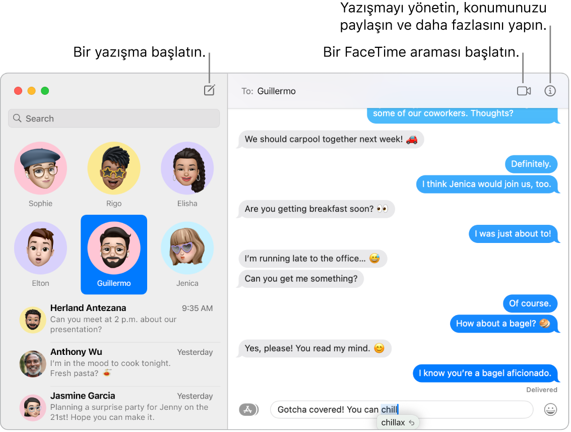 Bir yazışmanın ve FaceTime aramasının nasıl başlatılacağını gösteren bir Mesajlar penceresi.