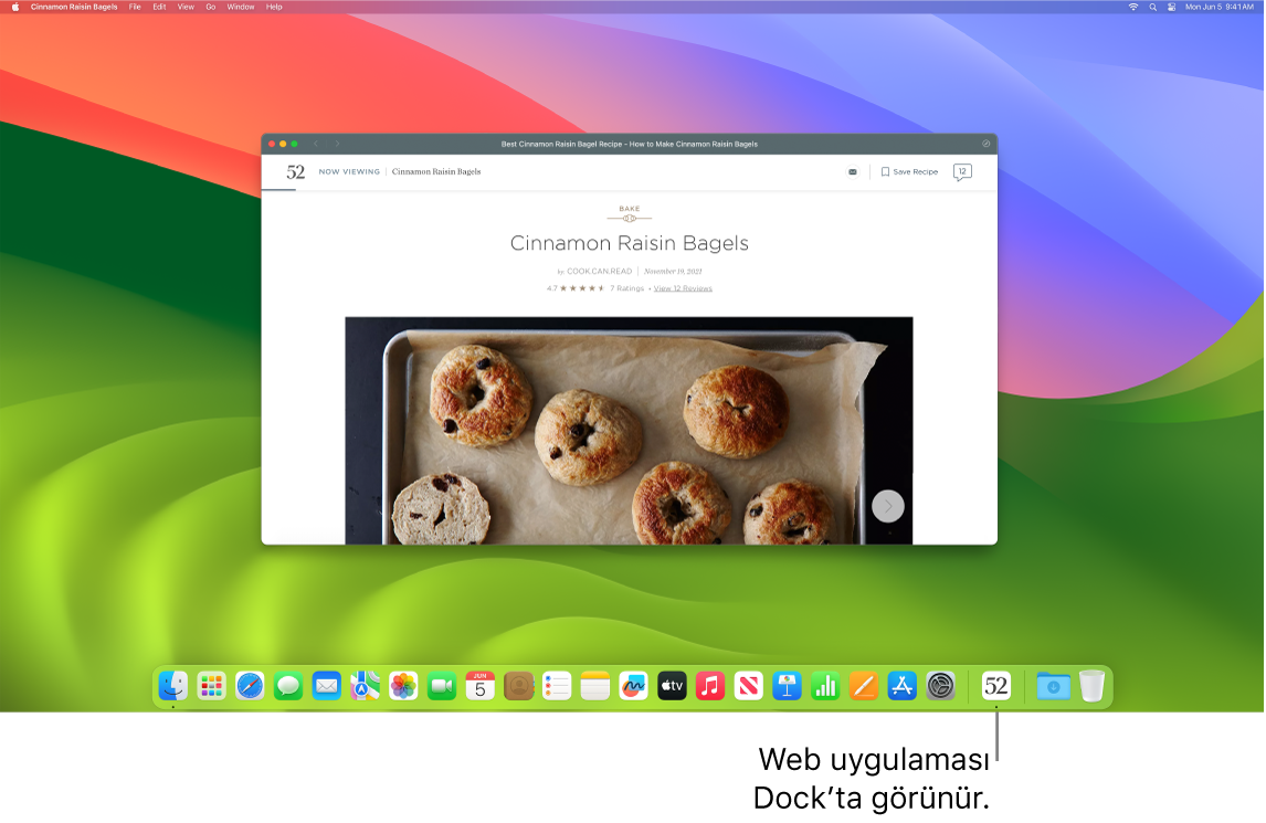 Dock’taki simgesiyle birlikte açık bir web uygulaması.