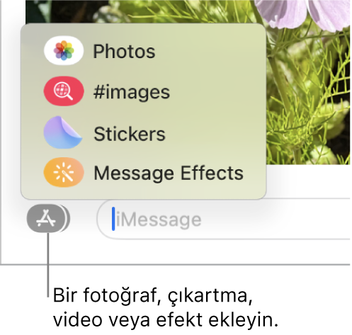 Fotoğrafları, çıkartmaları, GIF’leri ve mesaj efektlerini gösterme seçenekleri ile Uygulamalar menüsü.