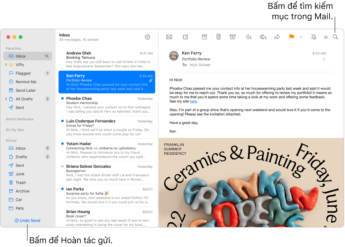 Một cửa sổ Mail đang hiển thị thanh bên ở bên trái với các thư mục Mục ưa thích, Hộp thư thông minh và iCloud, danh sách các thư bên cạnh thanh bên và nội dung của thư được chọn ở bên phải.