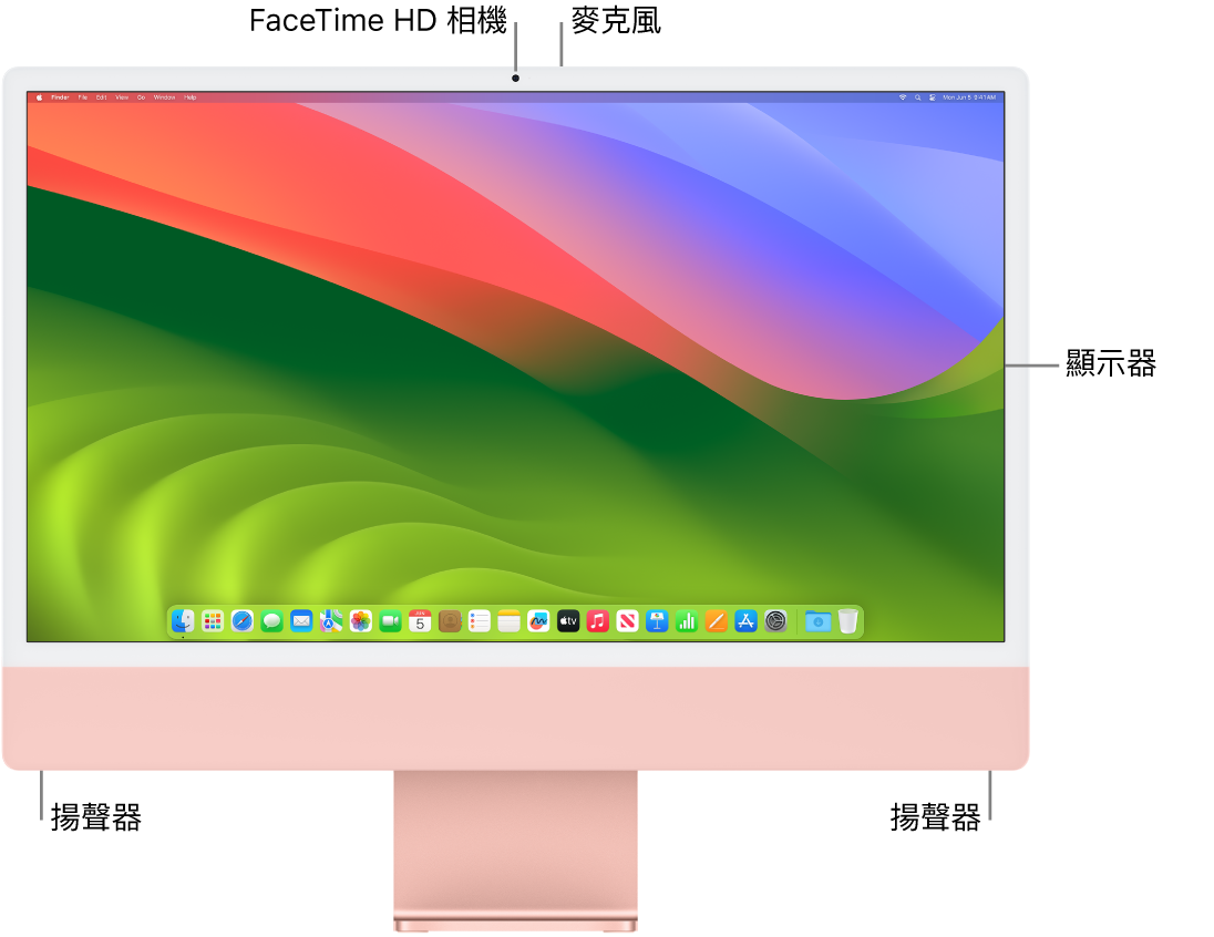 iMac 的正面，顯示螢幕、相機、麥克風和揚聲器。