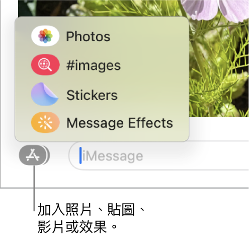 包含顯示照片、貼圖、GIF 和訊息效果選項的 App 選單。