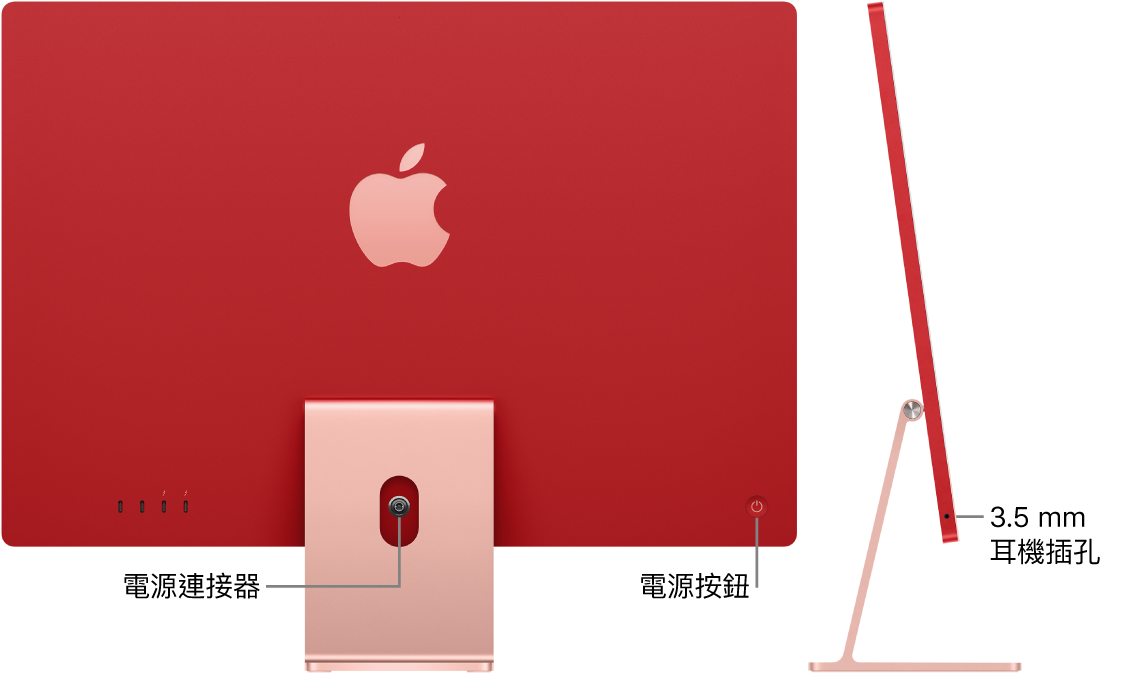 iMac 的背面，顯示電源連接器和電源按鈕。旁邊為顯示耳機插孔的側面視圖。