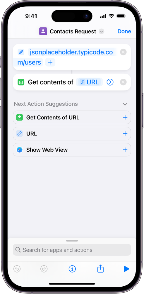 Eine API-Anforderung mit einer URL-Aktion, die auf den API-Endpunkt verweist, gefolgt von einer Aktion „Inhalte von URL abrufen“.