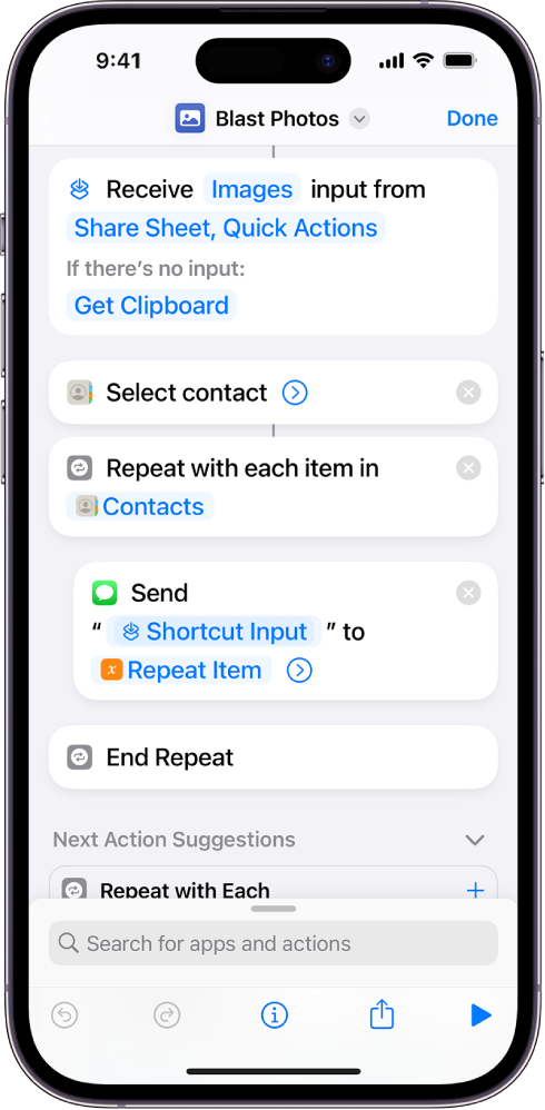 Example shortcut showing "Repeat" actions.