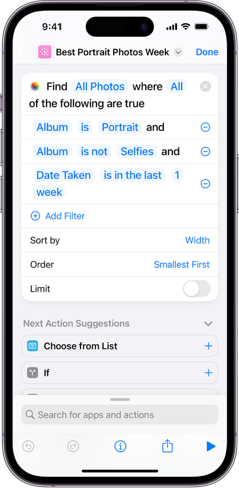 Find Photos Where action in shortcut editor.